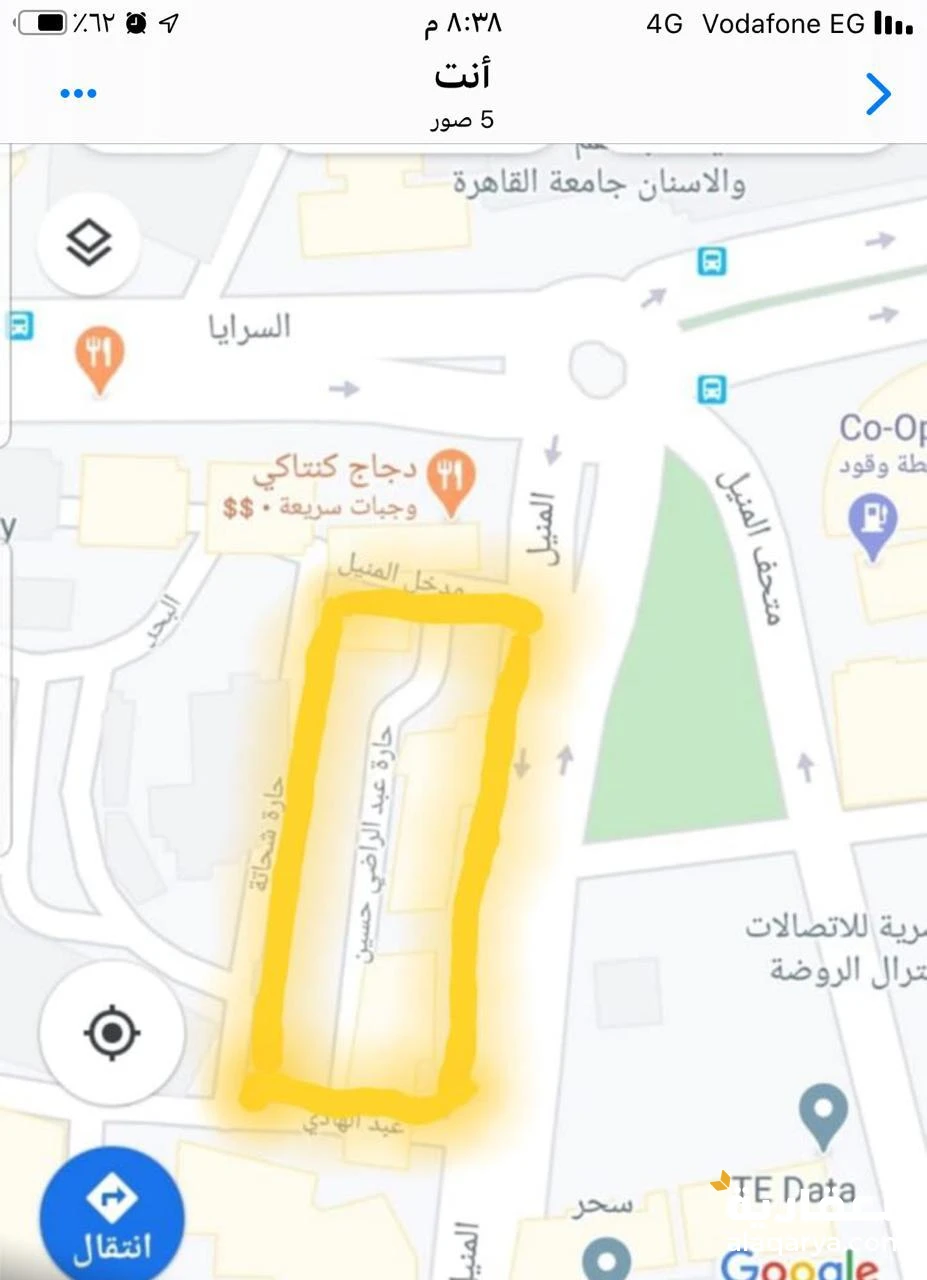 ٧٢٠٠م٢ ارض مباني اول شارع المنيل