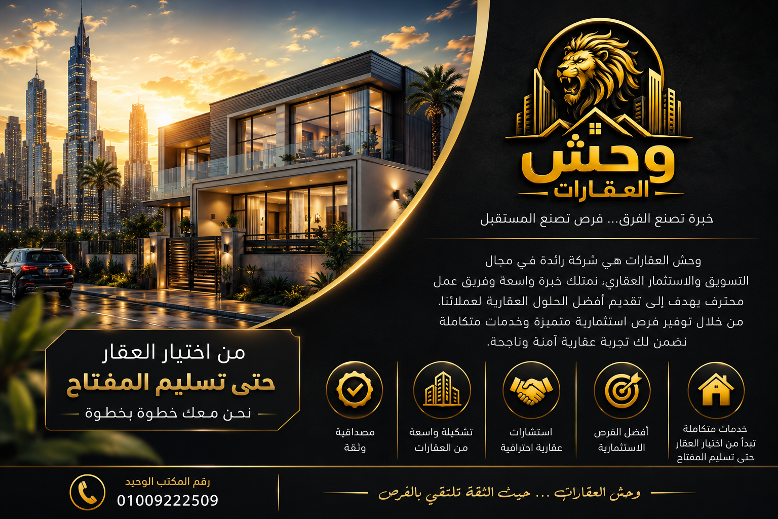 في عالم العقارات، الثقة هي أساس النجاح. لذلك نلتزم بتقديم أفضل الفرص العقارية بأعلى درجات المصداقية والاحترافية، مع مساعدتك
